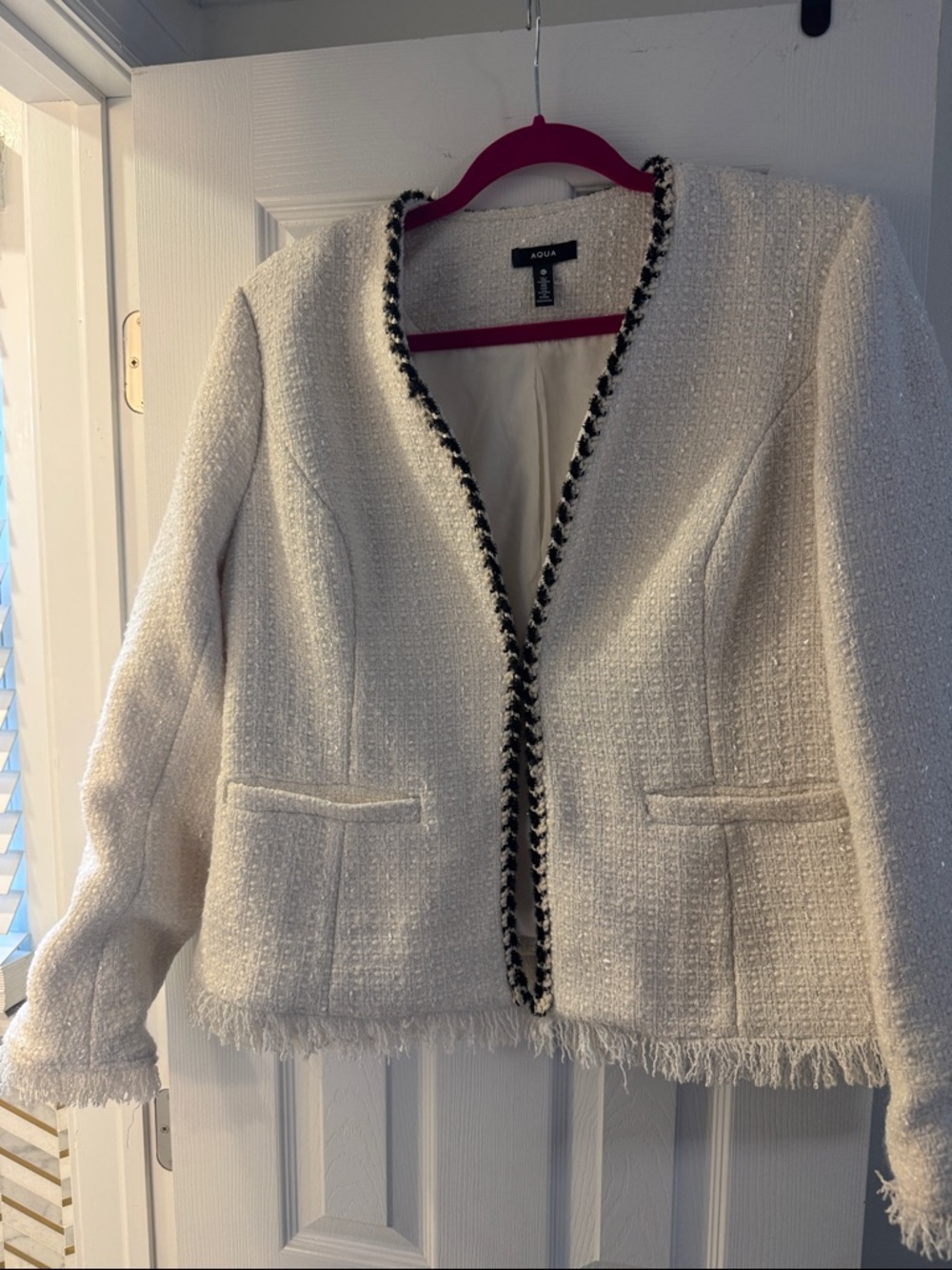 Aqua Ivory Tweed Fringed Open-Front Blazer with Black Trim